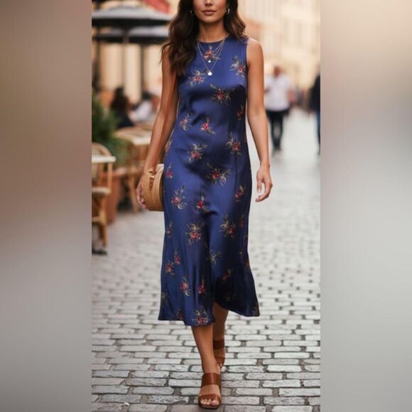 GAP Dresses & Skirts - Gap Vintage 90s Witchy Whimsygoth Dark Blue Gray Rose Satin Midi Dress M